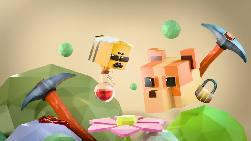 ฉากโมเดล 3D สไตล์ Voxel และ Low Poly จากคอร์ส Intro to Blender 2026