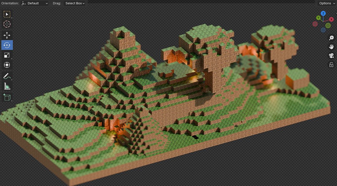 ฉาก Voxel บนภูเขาในหน้าจอ Blender